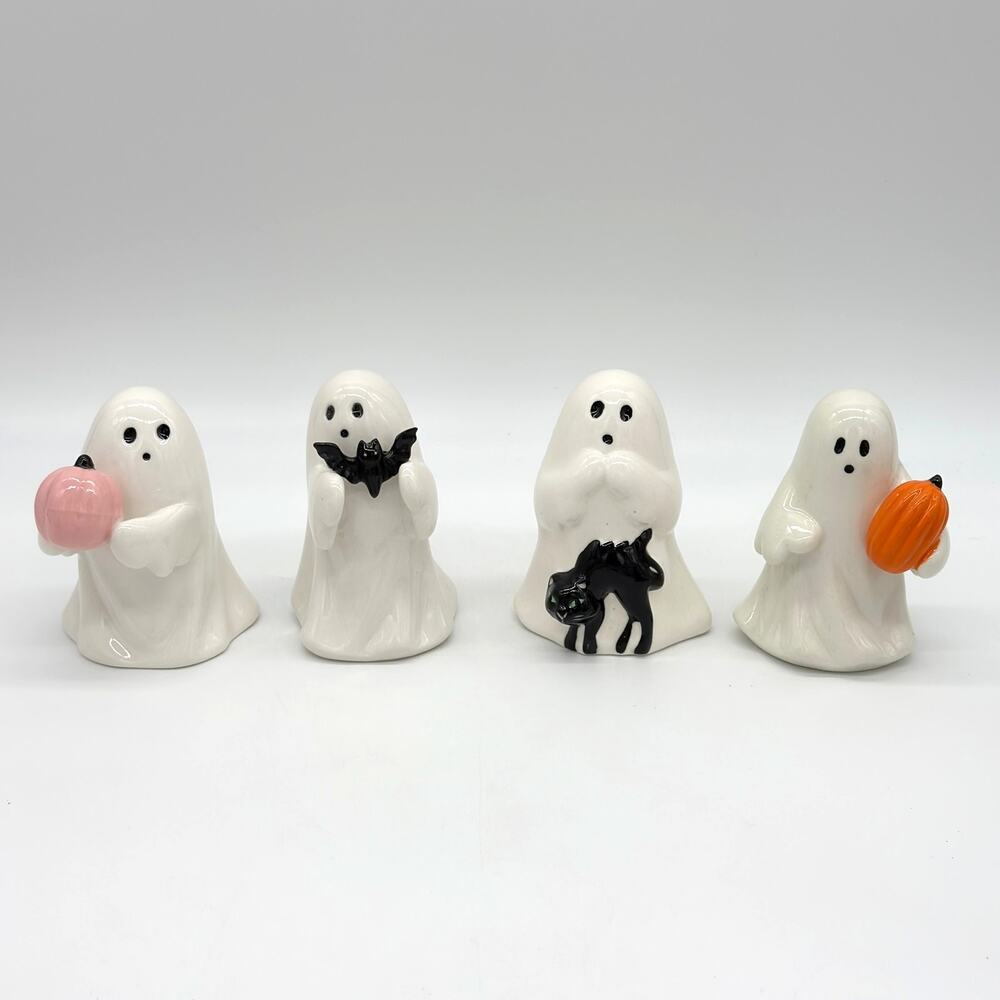 Set of 4 Target Hyde & Eek Ceramic Ghost w/ Pink Pumpkin Bat & Cat Halloween NEW